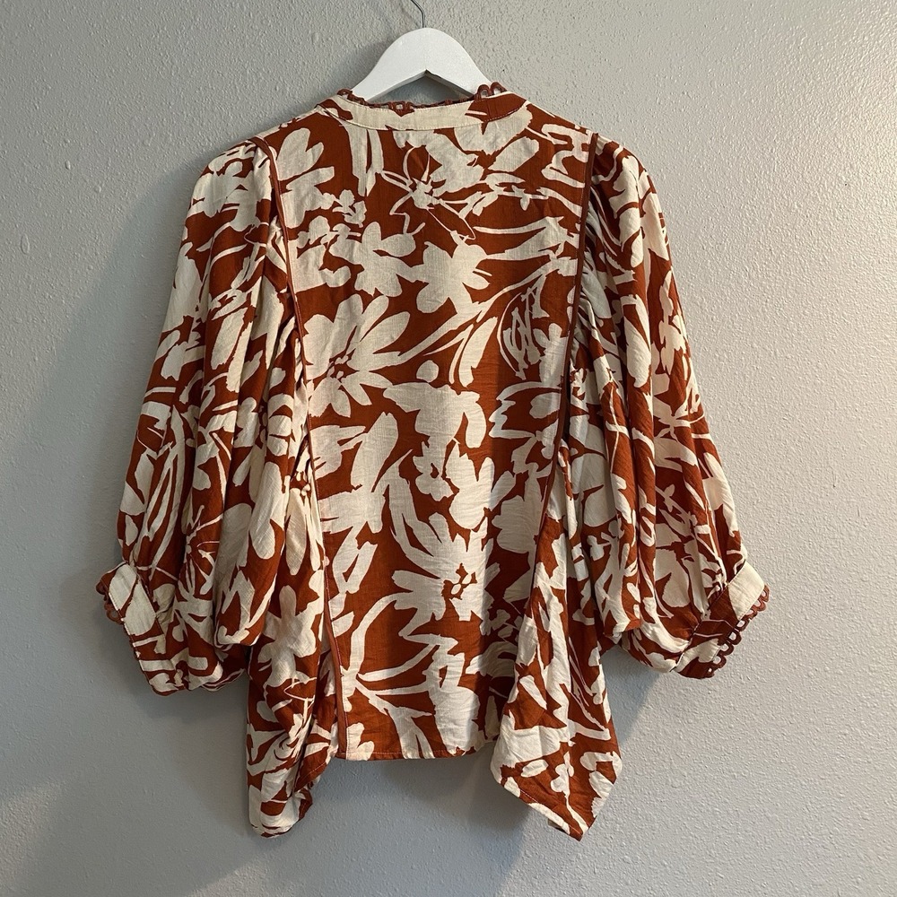 Entro Floral 3/4 Balloon Sleeve Button Down Blouse Rust Ivory Small Boutique - Picture 4 of 12